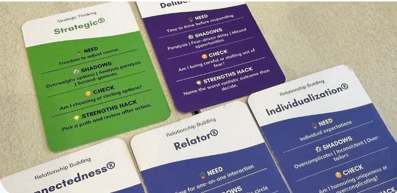 CliftonStrengths cards from a Men-Kind team session
