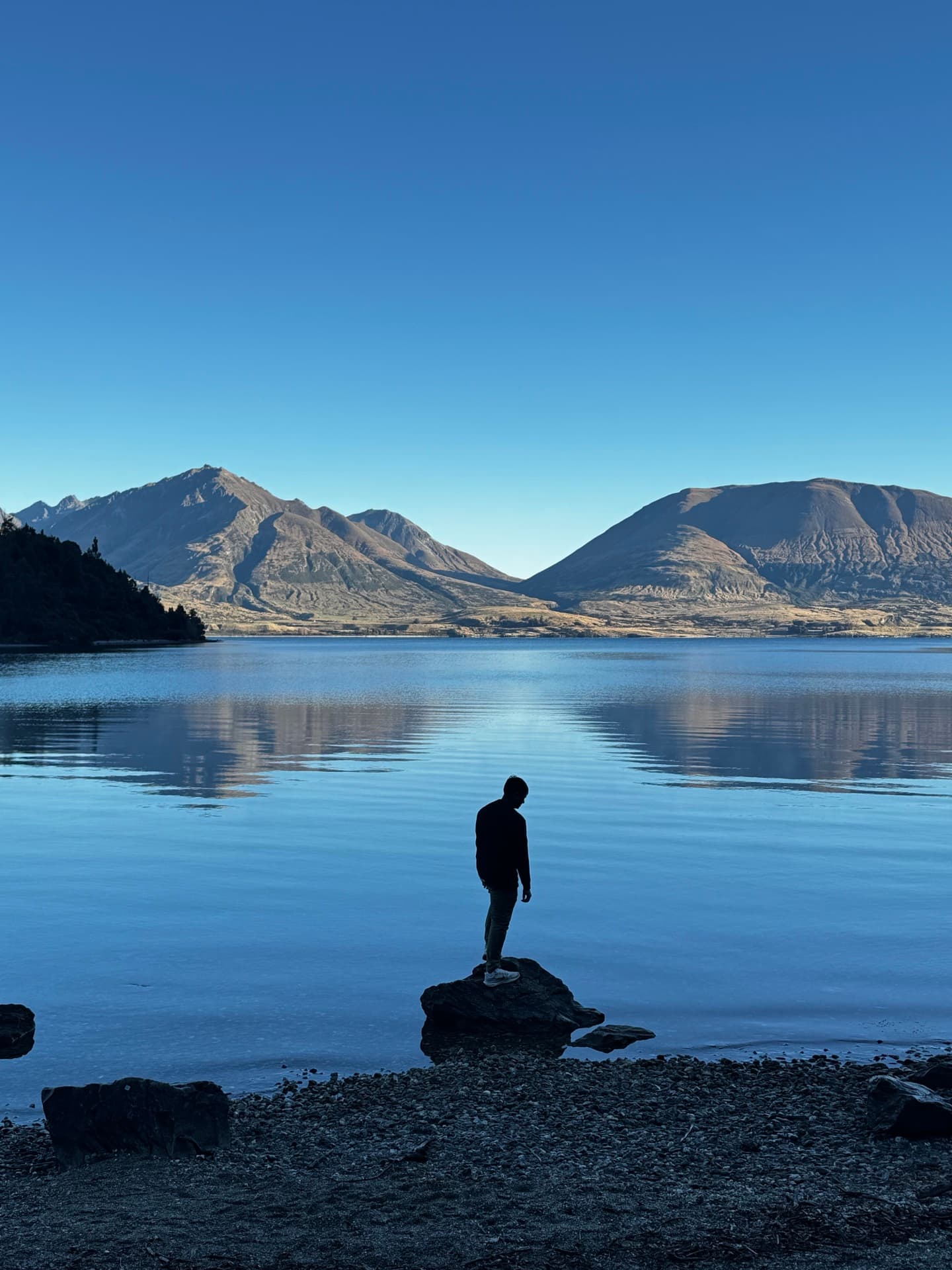 A lone figure standing on a rock at a New Zealand lake, mountains in the distance. Clarity comes from stillness.
