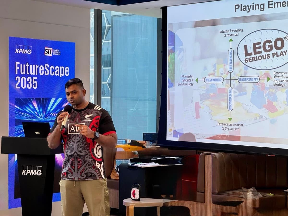 Prathap speaking at KPMG FutureScape 2035, presenting LEGO Serious Play methodology