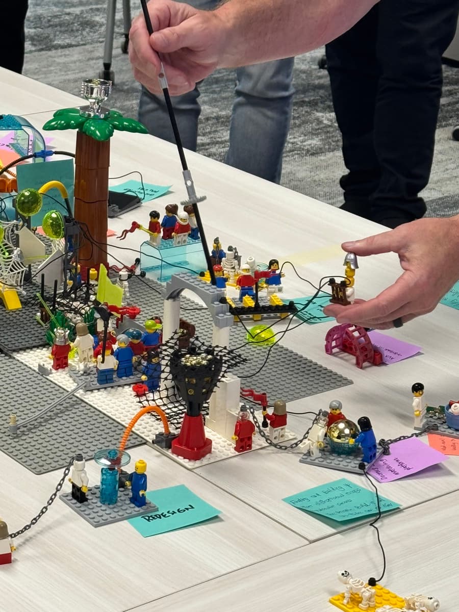 LEGO Serious Play — an elaborate landscape built by participants with sticky-note reflections