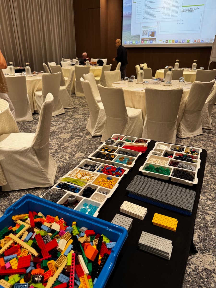 LEGO Serious Play kits laid out before a strategic facilitation session